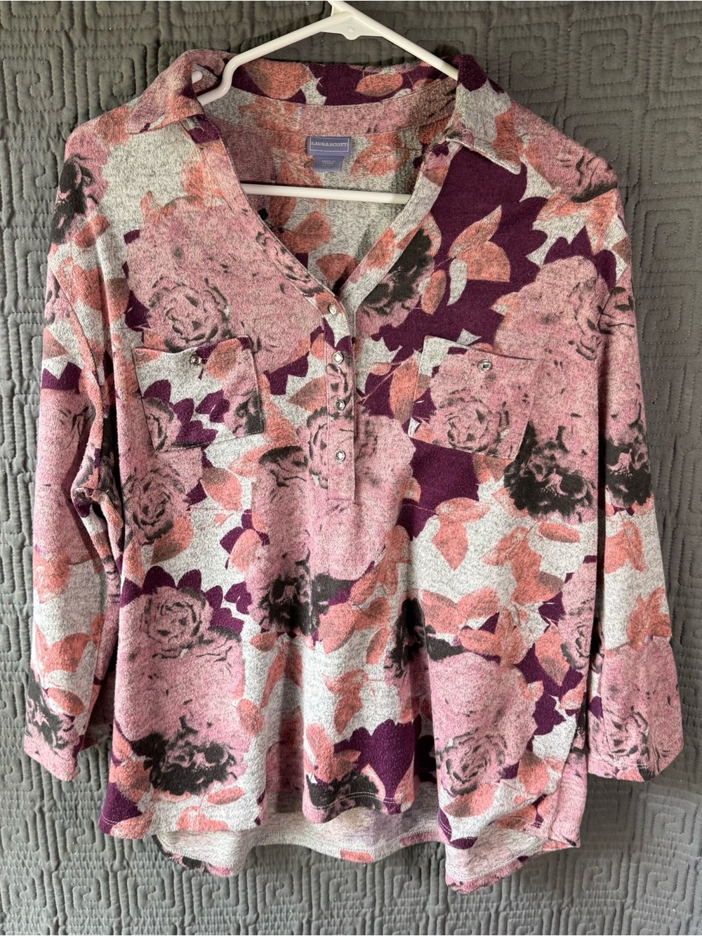 Laura Scott Womens XL Pink Purple Floral Henley Shirt Brushed Knit Snap Neck Top